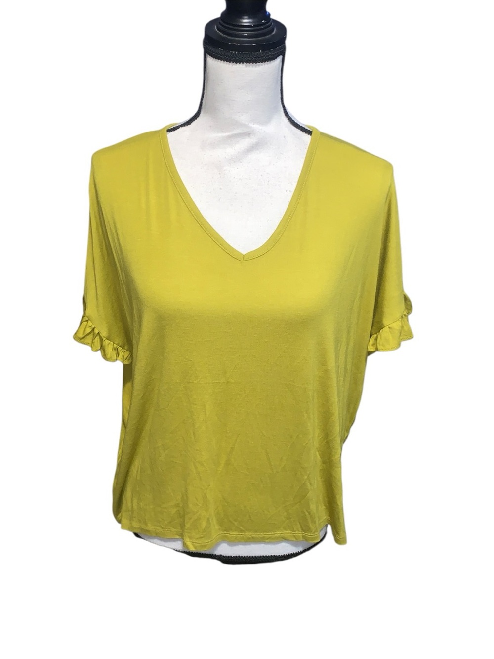 Loft Women’s V-Neck Ruffle Sleeve Stretchy Top Mustard Yellow